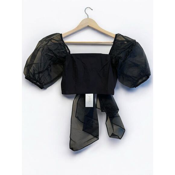 Cleobella Josie Crop Puff Sleeve Blouse Women Size Small Black‎ Bow Smocked NEW - Picture 1 of 10